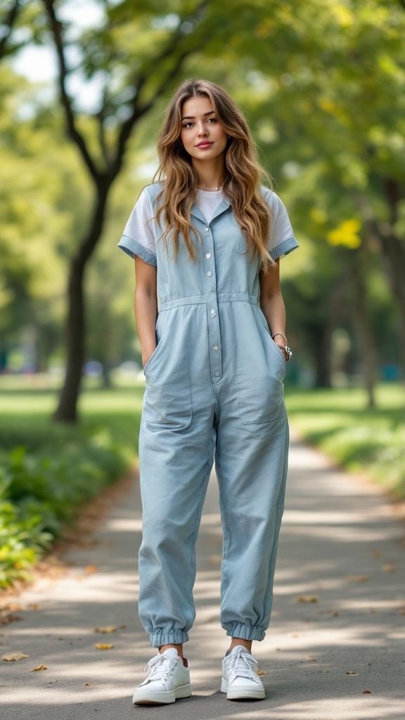 A woman wearing a light blue jumpsuit with white sneakers, standing on a path surrounded by greenery.