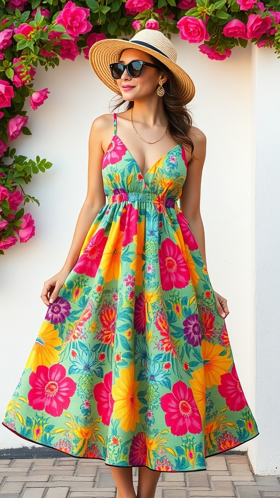 A colorful floral sundress hanging on a clothesline with a green park background.