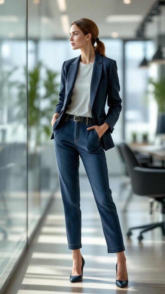 A woman wearing polished denim trousers, a tailored blazer, and high heels, standing in a modern office space.