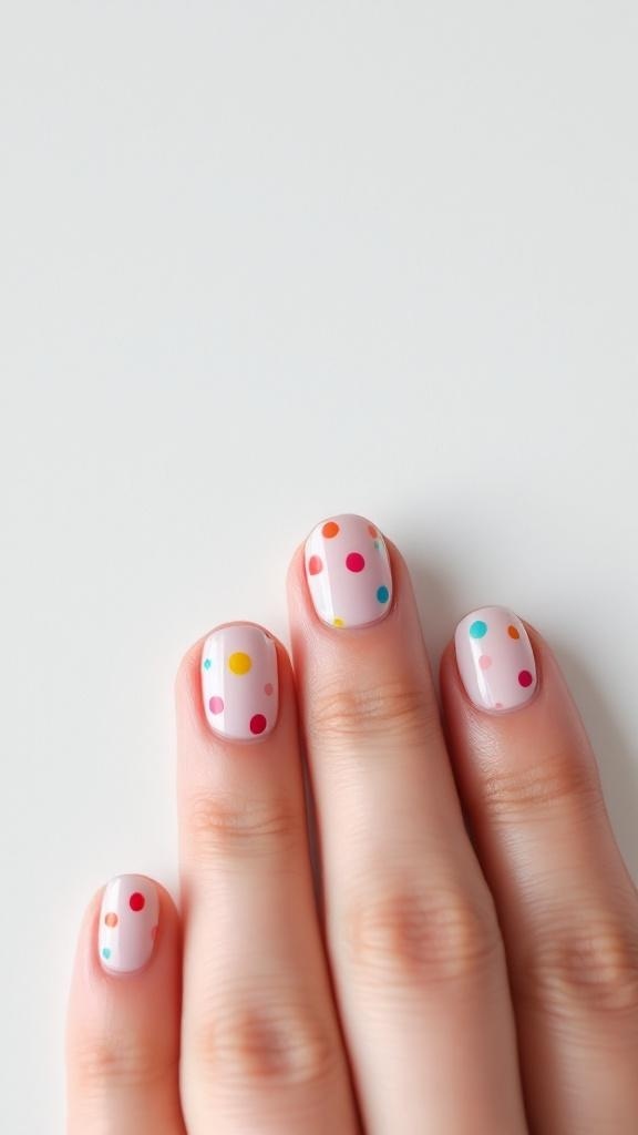 Short nails with a pink base and colorful polka dots in red, yellow, and blue.