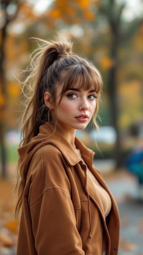 A young woman with a high ponytail and bangs, wearing a brown jacket, with an autumn background.