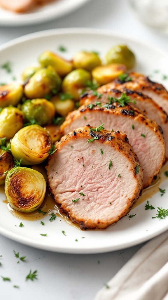 Plate of sliced pork tenderloin with roasted Brussels sprouts