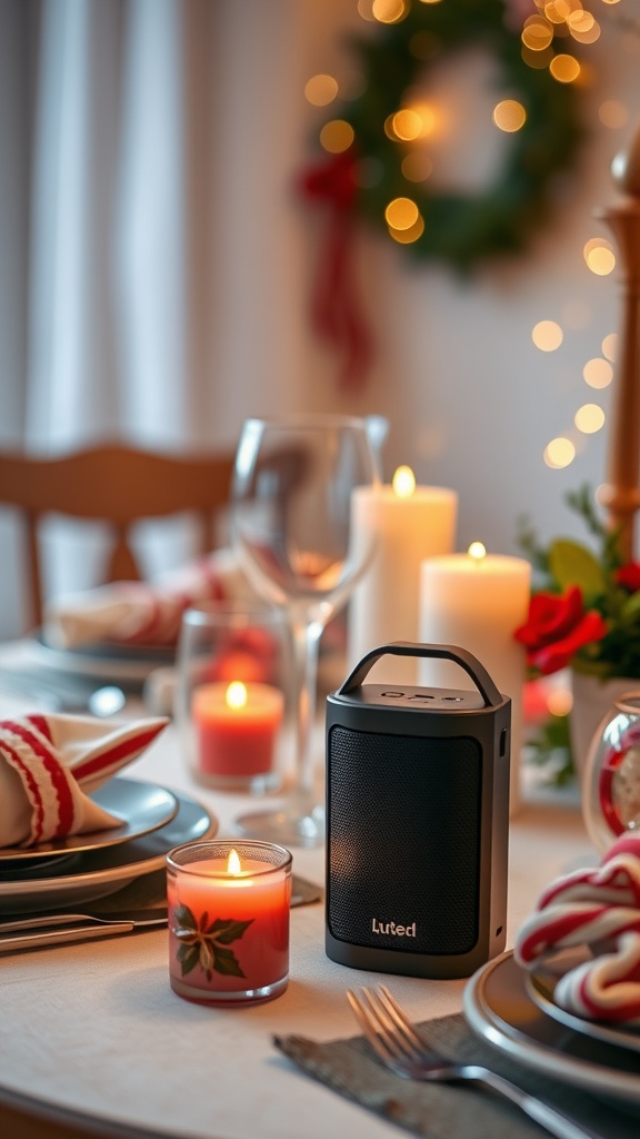 A portable Bluetooth speaker on a festive table with holiday treats and decorations.