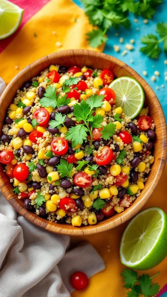 A colorful quinoa salad with black beans, corn, cherry tomatoes, and cilantro in a wooden bowl.