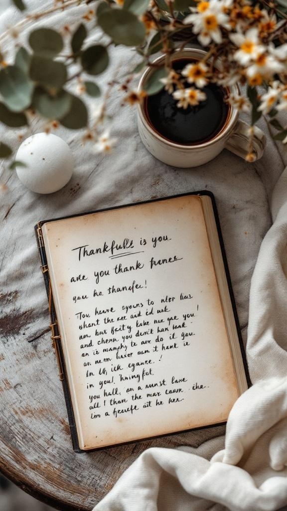 A handwritten note about gratitude on a wooden table with a cup of coffee and flowers.