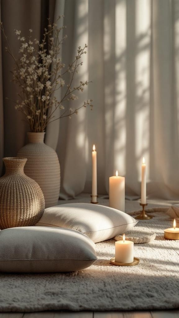 A serene meditation space with candles, pillows, and a vase of flowers.