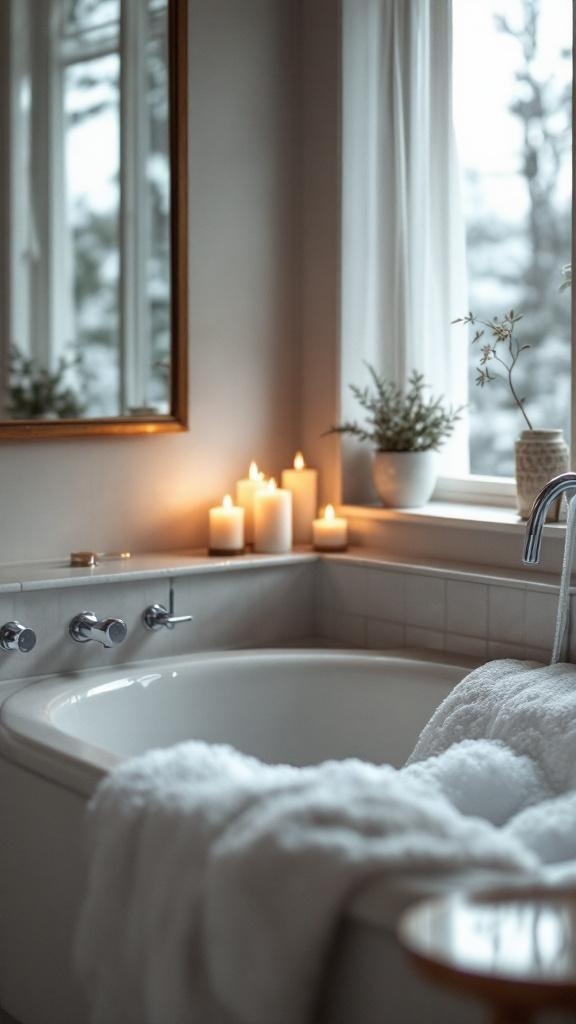 A cozy bathroom with a bathtub, candles, and soft towels, creating a relaxing atmosphere.