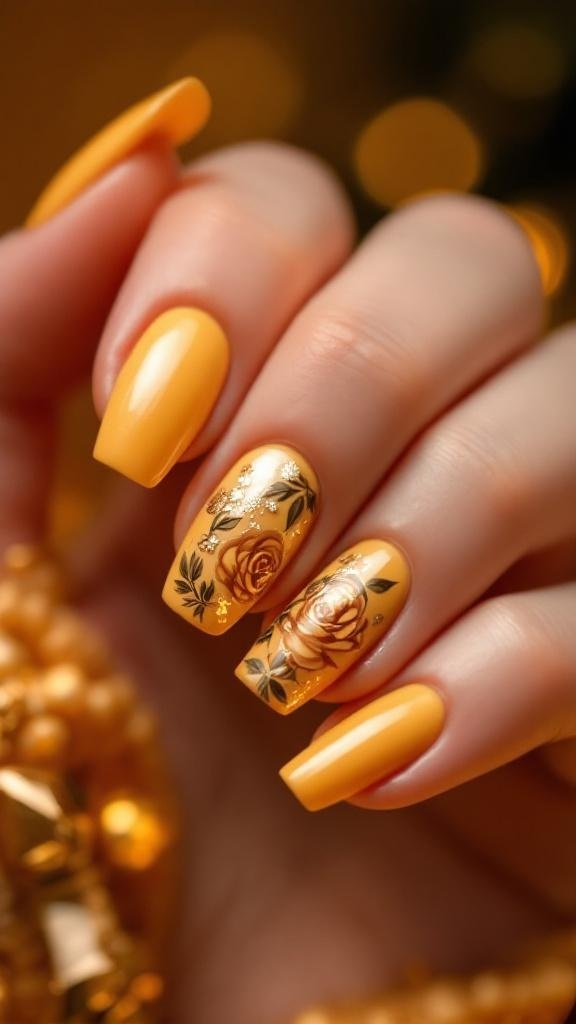 Nail art featuring a yellow base with rose designs, inspired by Princess Belle from Disney.