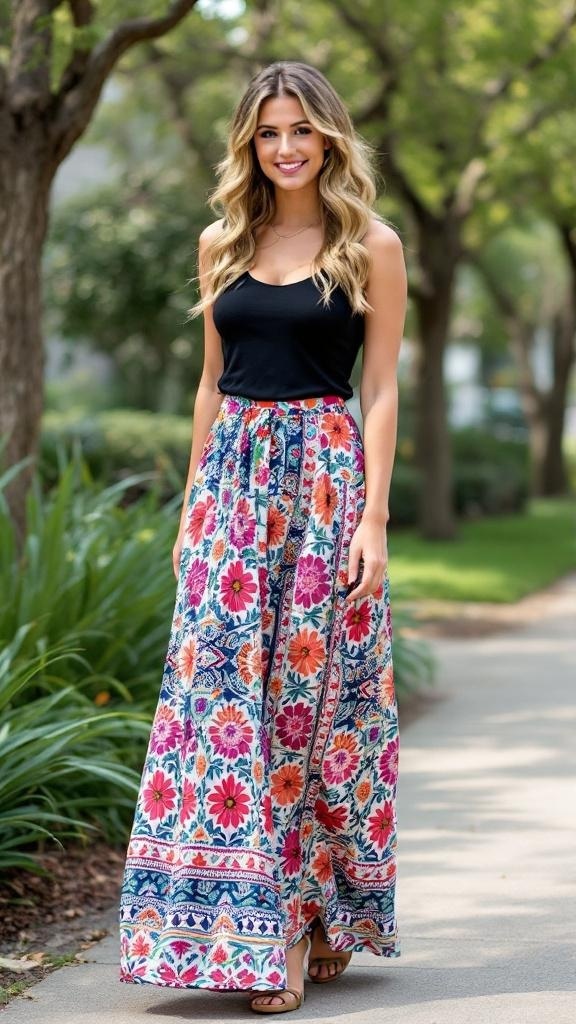 A woman wearing a floral printed maxi skirt and a solid black top, smiling while walking in a park.