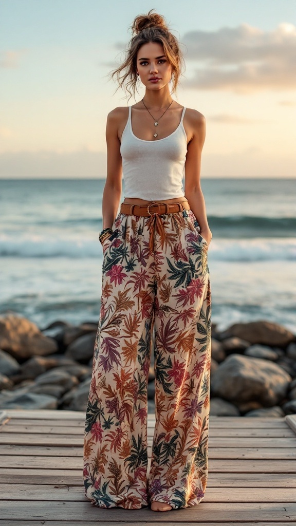 A woman wearing printed palazzo pants and a simple tank top stands on a beachside wooden deck.
