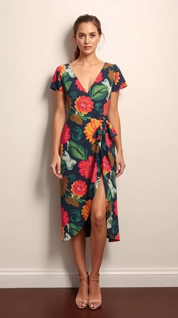 A vibrant printed wrap dress displayed on a mannequin against a colorful background.