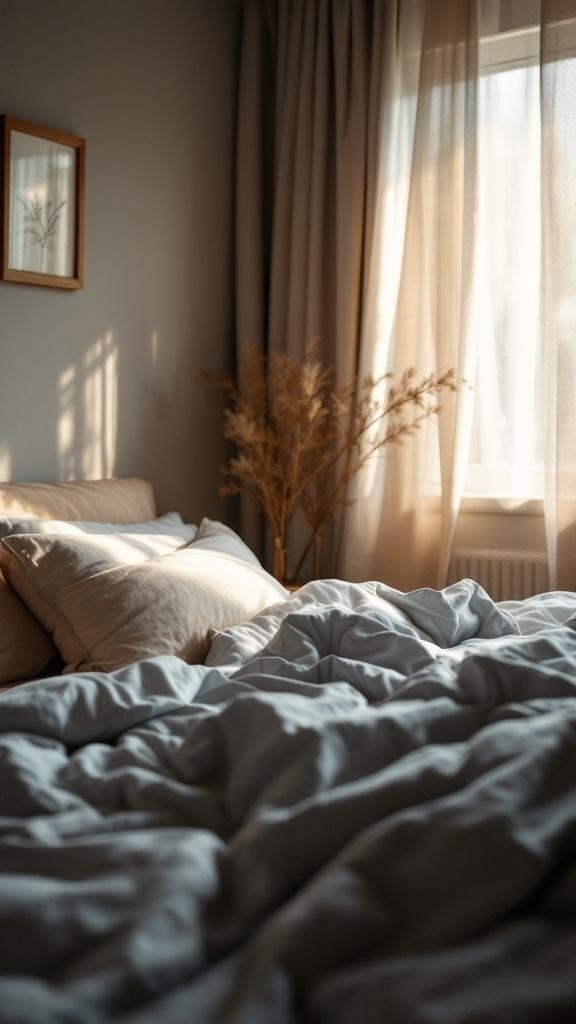 A cozy bedroom with soft pillows and sunlight filtering through sheer curtains, inviting relaxation.