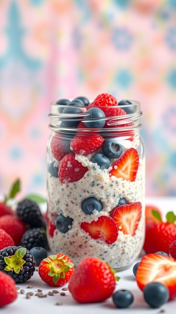 A jar of protein-packed berry chia overnight oats with fresh strawberries, blueberries, and raspberries.