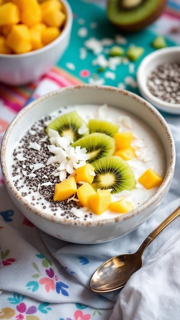 A bowl of chia seed pudding topped with kiwi, mango, and coconut.