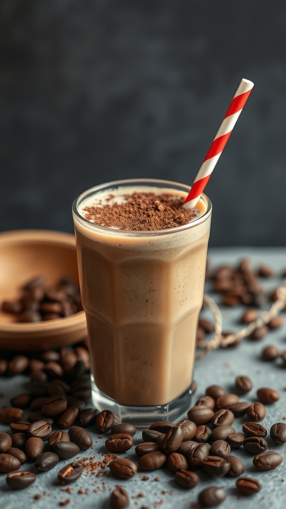A delicious protein-packed coffee smoothie with a straw.