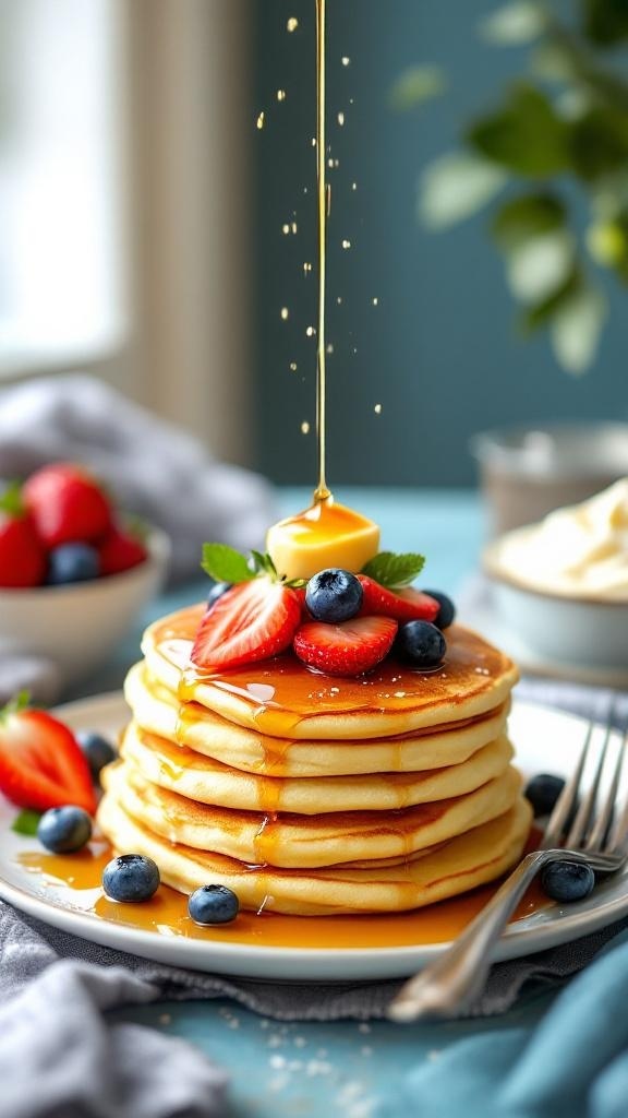 A stack of fluffy cottage cheese pancakes topped with fresh strawberries and blueberries, drizzled with syrup.
