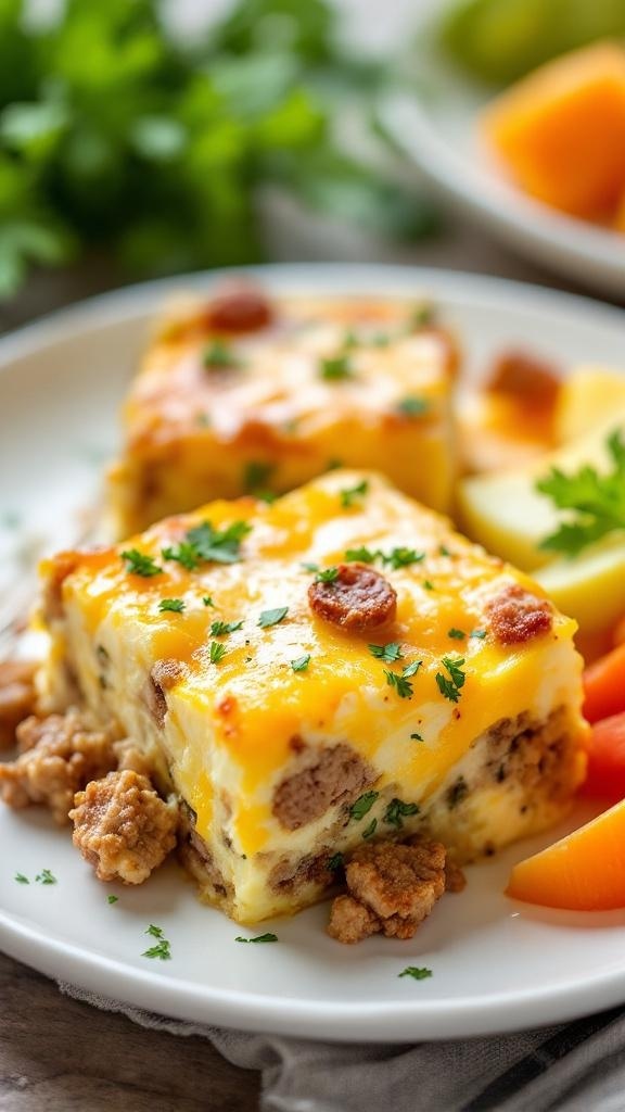 A delicious protein-packed egg and sausage casserole served with fresh fruit.