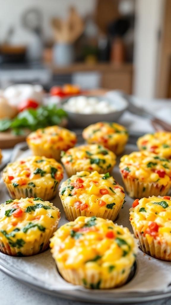 A tray of colorful protein-packed egg muffins with spinach, bell peppers, and cheese.