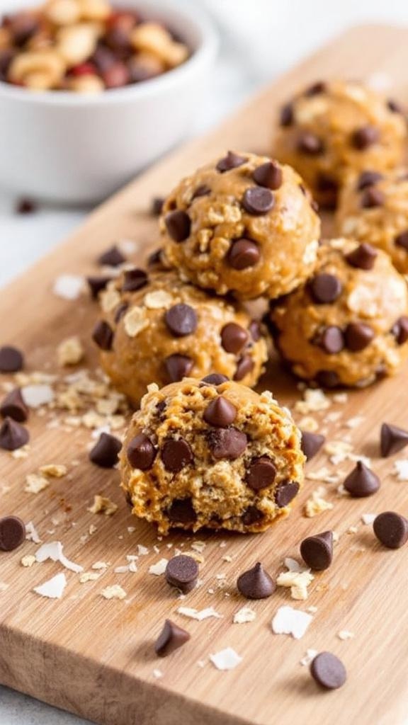 A close-up of protein-packed energy bites made with oats, peanut butter, and chocolate chips, displayed on a wooden board with nuts in the background.