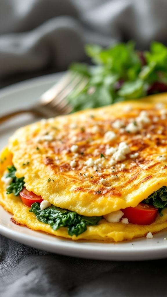 A delicious spinach and tomato omelette on a plate.