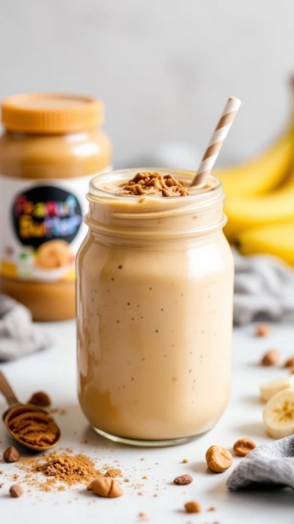 A creamy peanut butter banana smoothie in a mason jar with a straw, surrounded by ingredients like bananas and peanut butter.