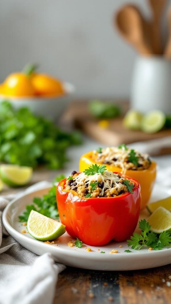 Colorful quinoa and black bean stuffed peppers on a plate with lime wedges and fresh herbs.