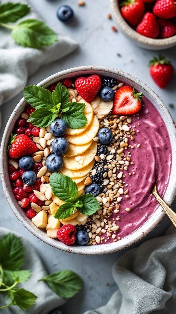 A vibrant protein-packed smoothie bowl topped with fresh fruits and nuts.