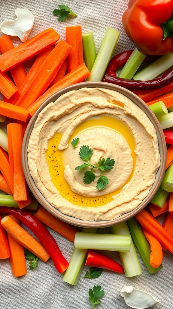 A bowl of creamy hummus surrounded by colorful vegetable sticks including carrots, celery, and bell peppers.