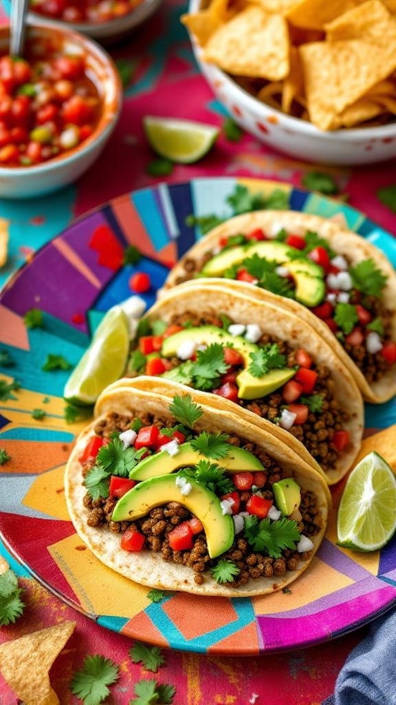 Colorful lentil tacos topped with avocado, tomatoes, and cilantro on a vibrant plate.