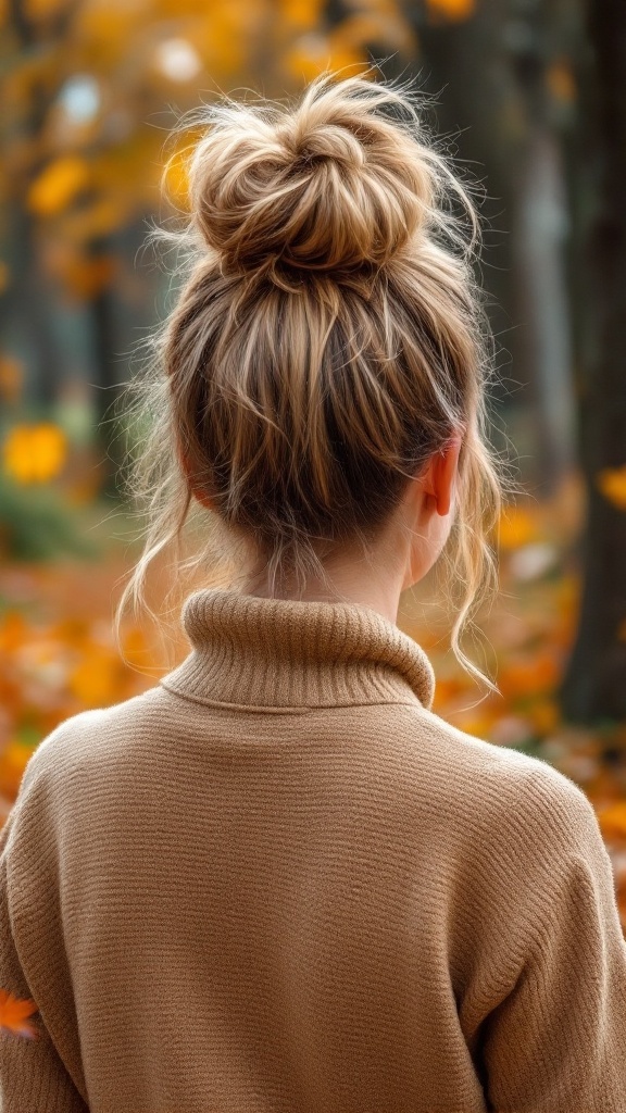 A woman with a puffed-up top knot hairstyle, wearing a cozy sweater, surrounded by autumn leaves.