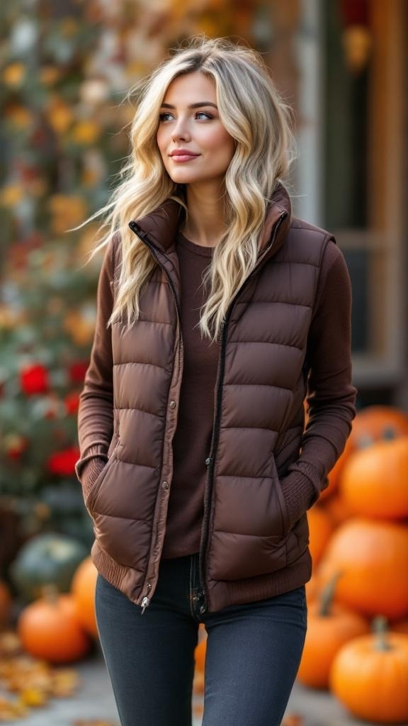 A woman wearing a brown puffer vest over a long sleeve tee, standing in front of pumpkins.