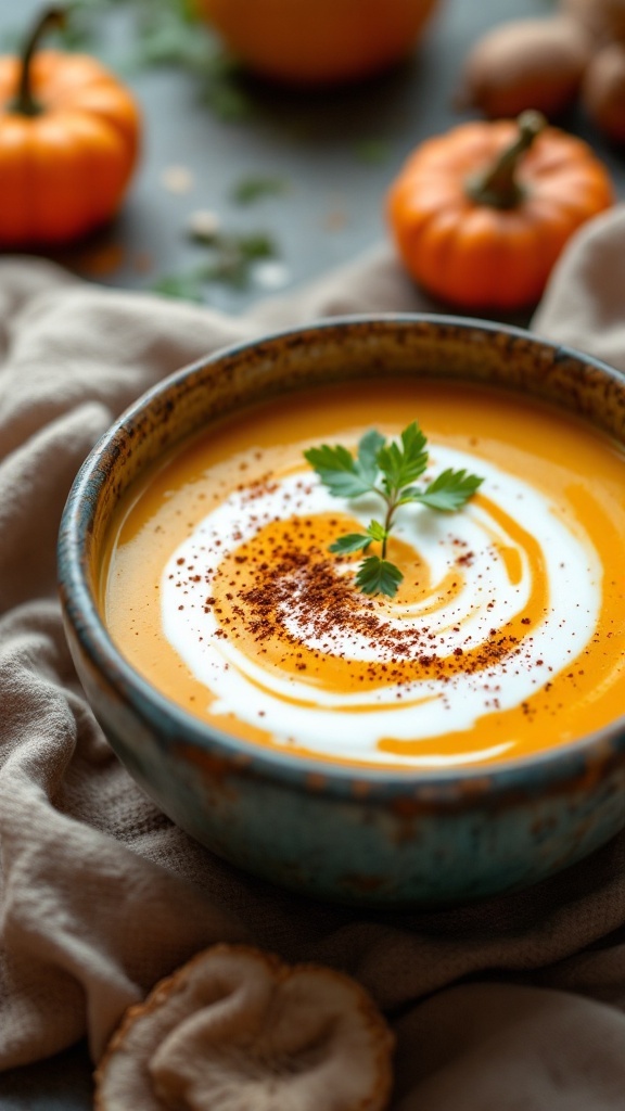 A bowl of creamy pumpkin coconut curry soup topped with a swirl of cream and a sprinkle of spices.