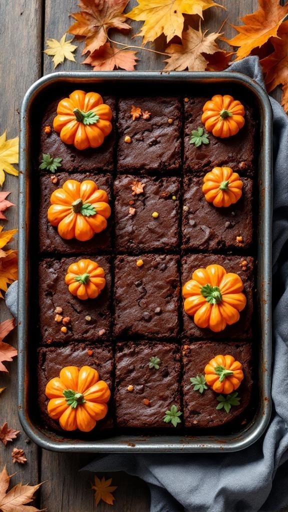 A tray of Pumpkin Patch Brownies decorated with mini pumpkin candies and surrounded by autumn leaves.