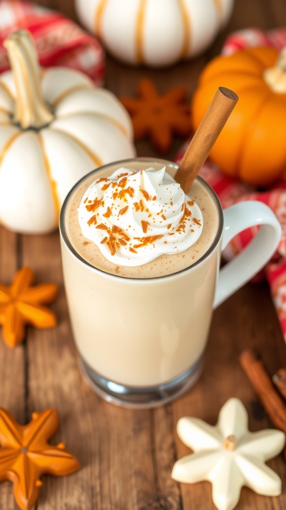 A cup of pumpkin spice protein smoothie topped with whipped cream and cinnamon, surrounded by small pumpkins and star anise.