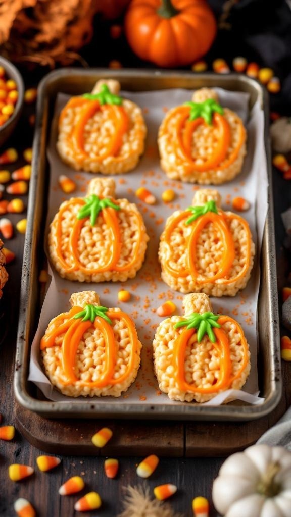 Pumpkin Spice Rice Krispie Treats shaped like pumpkins