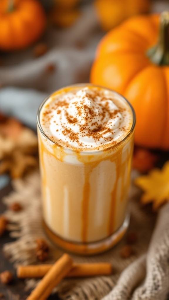 A creamy Pumpkin Spice Smoothie topped with whipped cream and sprinkled with cinnamon.