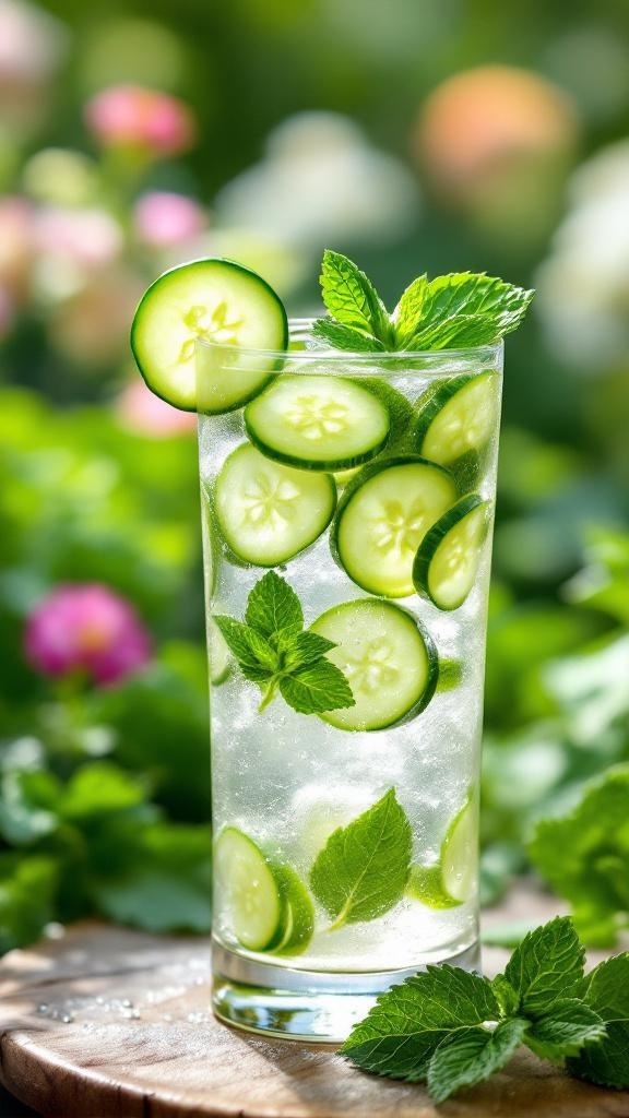 A refreshing cucumber mint spritzer in a glass with cucumber slices and mint leaves.