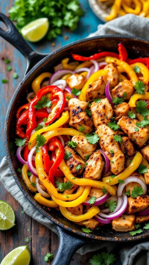 A colorful one-pan chicken fajitas dish with bell peppers and onions.