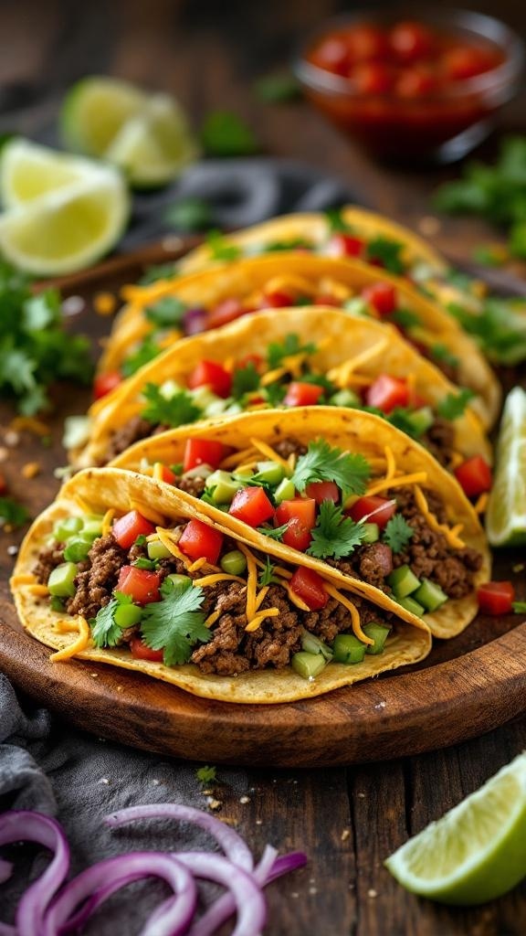 A plate of tacos filled with ground beef, cheese, tomatoes, and lettuce, garnished with lime wedges.