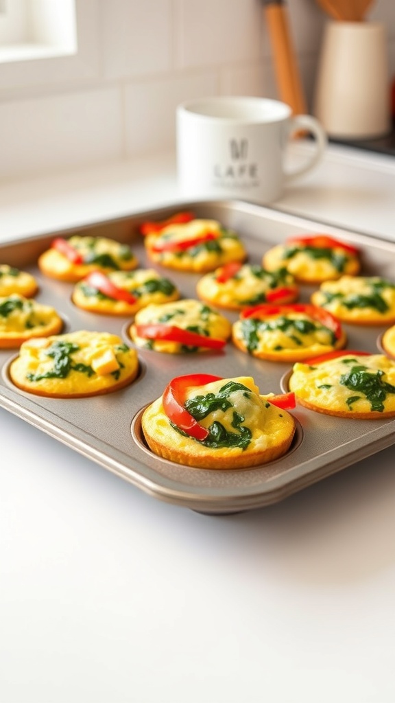 A tray of colorful egg muffins with spinach and bell peppers, ready for breakfast.