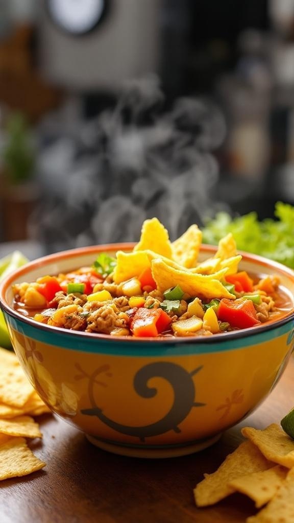 A steaming bowl of taco soup topped with tortilla strips, surrounded by fresh ingredients.