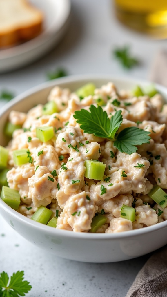 A bowl of creamy tuna salad with celery and parsley, served with a slice of bread.