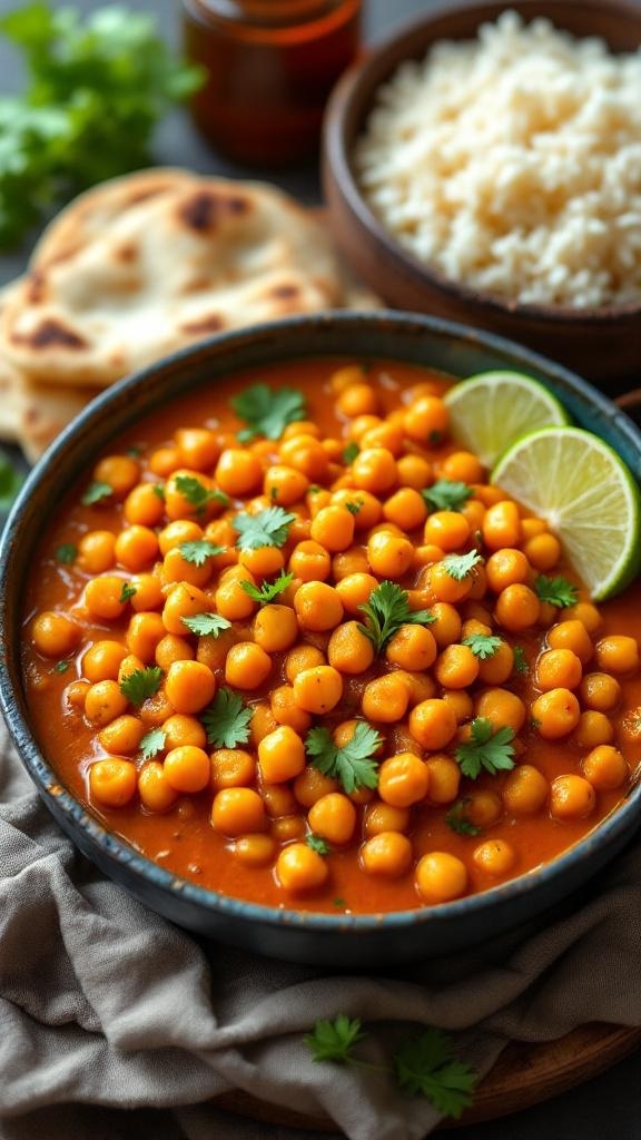 A bowl of chickpea curry garnished with cilantro and lime, served with rice and naan.
