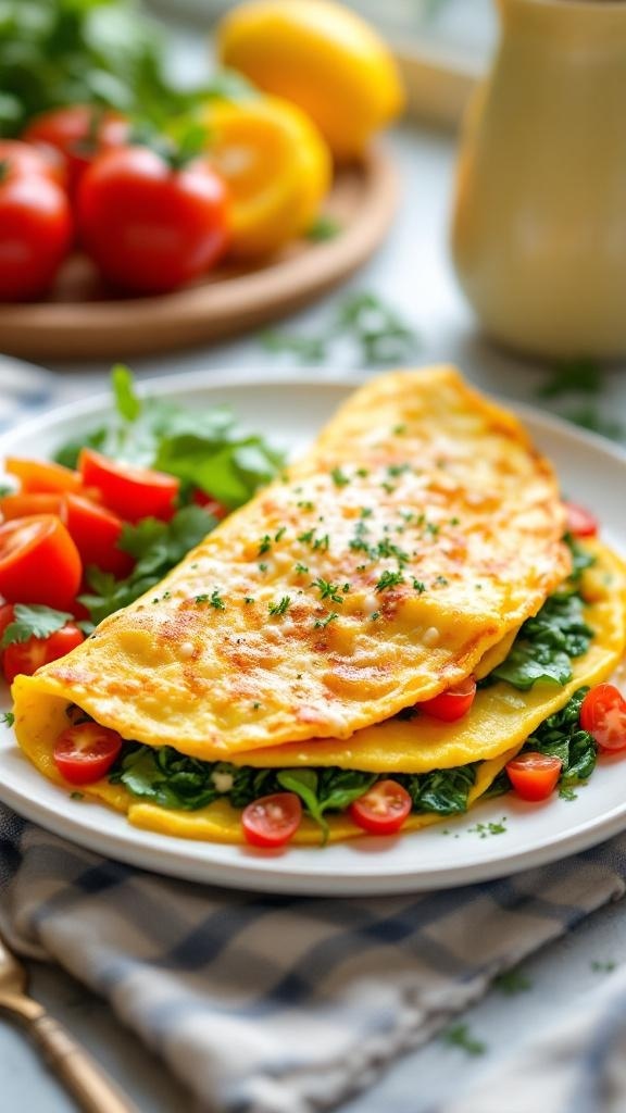 A delicious vegetable omelette served with fresh tomatoes and greens.