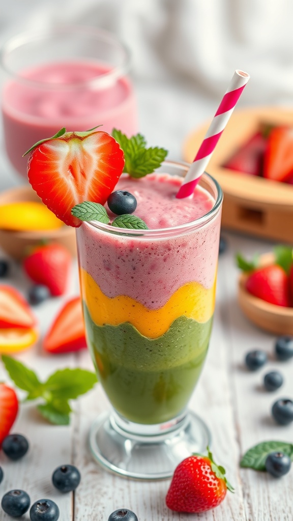 A colorful layered smoothie in a glass, featuring green spinach, red strawberries, and yellow mango, garnished with a banana slice and chia seeds.