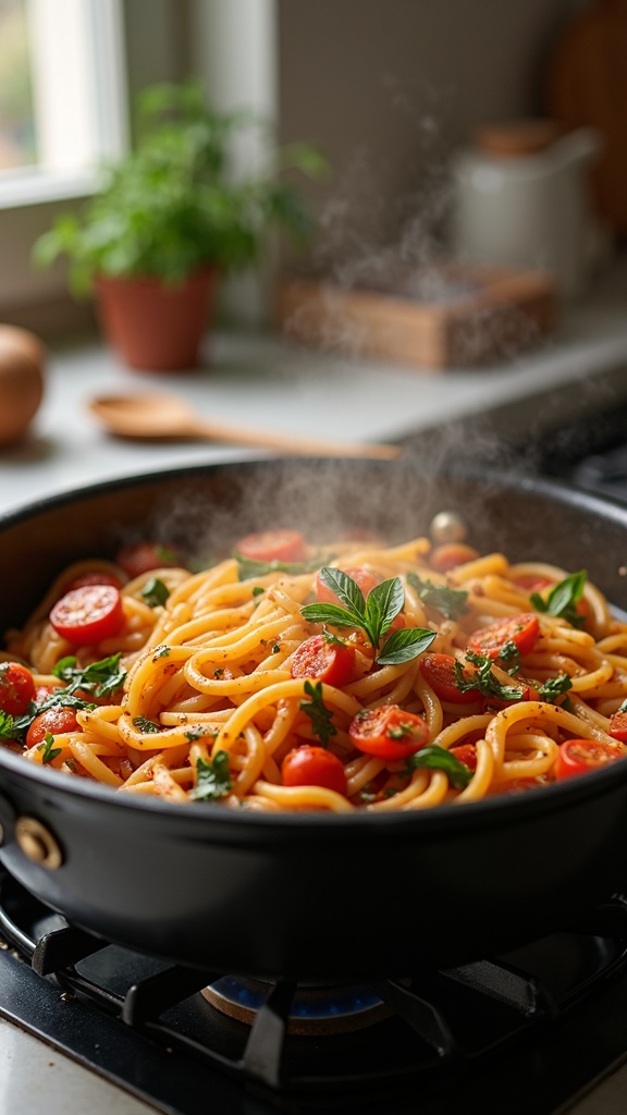 A pot of one-pot pasta with vegetables on a stove.
