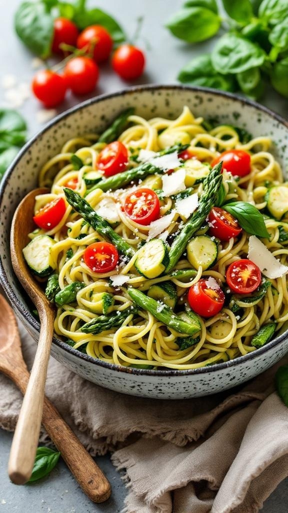 A bowl of pesto pasta with seasonal veggies, topped with cherry tomatoes and asparagus.