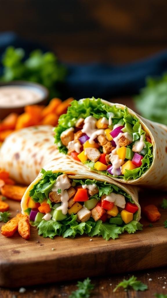Delicious chicken and vegetable wraps on a wooden board with a side of sweet potato fries.