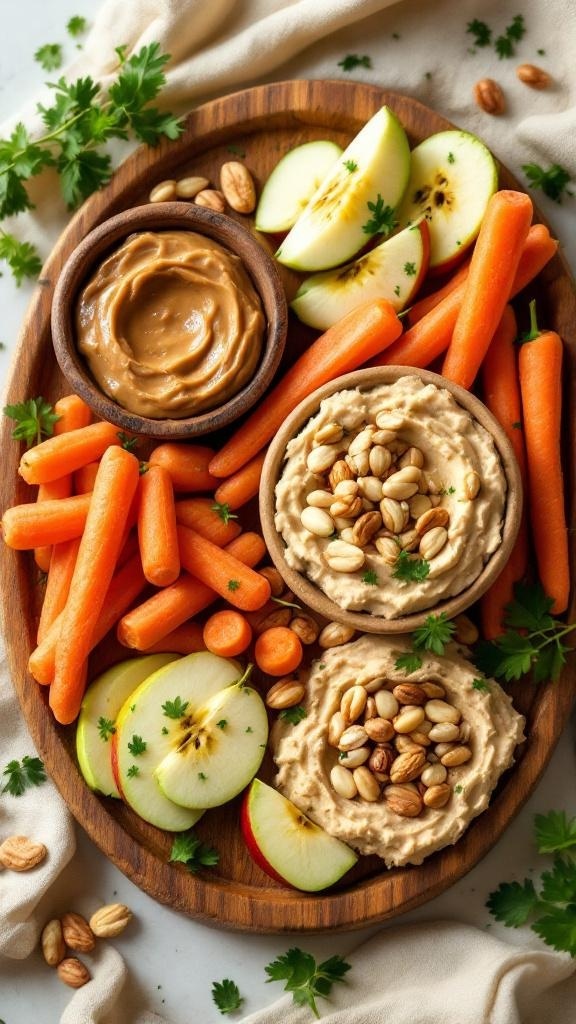 A wooden platter filled with baby carrots, apple slices, peanut butter, and hummus garnished with nuts and cilantro.