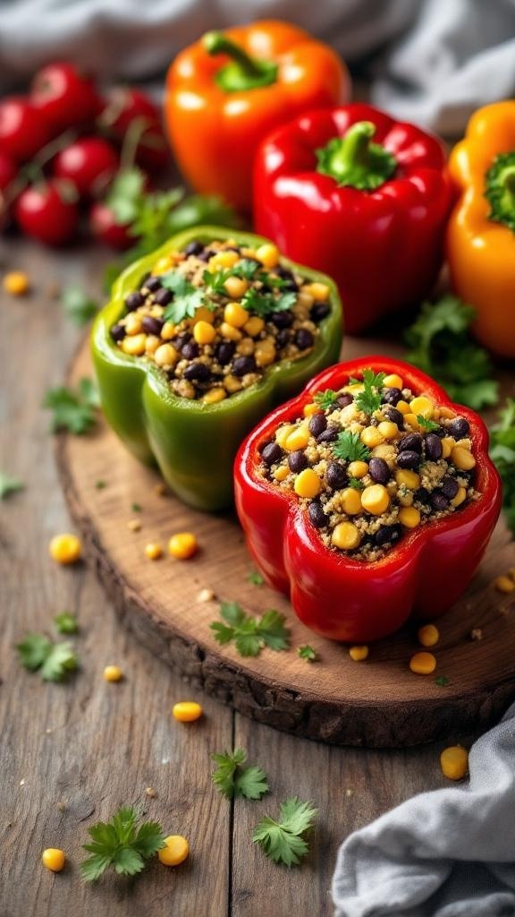 Colorful quinoa-stuffed bell peppers on a wooden board with fresh ingredients.